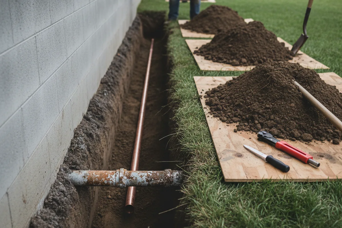 Excavated water line trench during Sewer Line Repair in Issue
